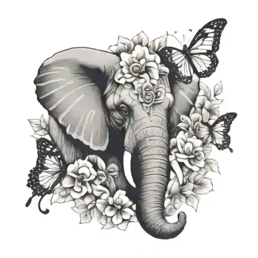 Elephant Head With Flowers And Butterflies