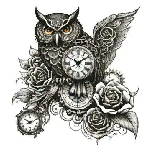 Steampunk Owl And Clock Inside And Flowers Intertwined