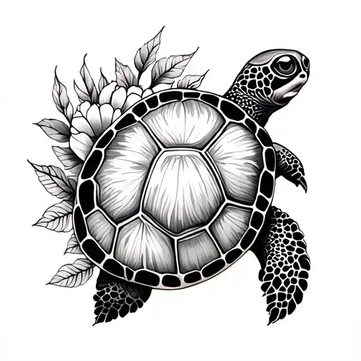 Floral Sleeve And Turtle Fine Line