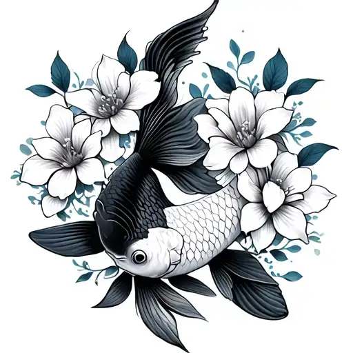 Japanese Koi Fish With Flowers