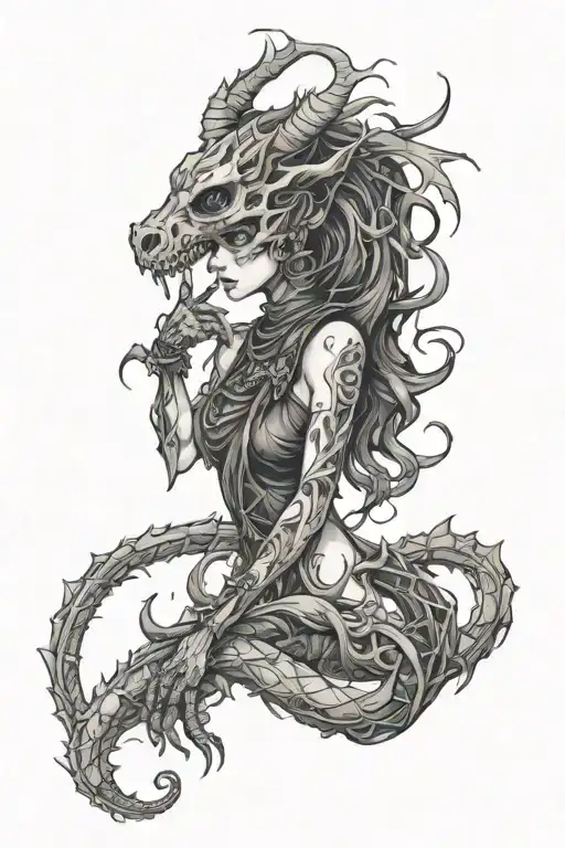 Libra Skeleton Dragon Wrapped Around Aries Girl Animated Style With Dark Aesthetic
