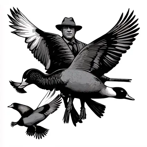 Hunter Father Shows Flying Ducks To His Son Holding Hands