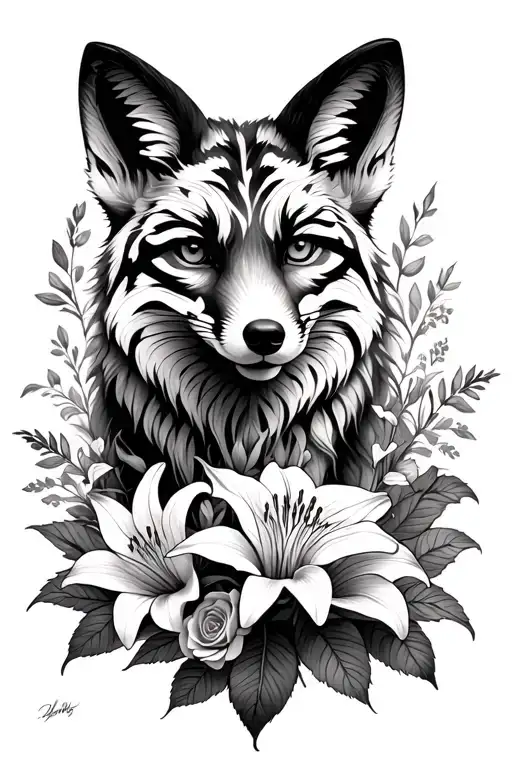 Fox Surrounded By Tiger Lilies And Roses Growing