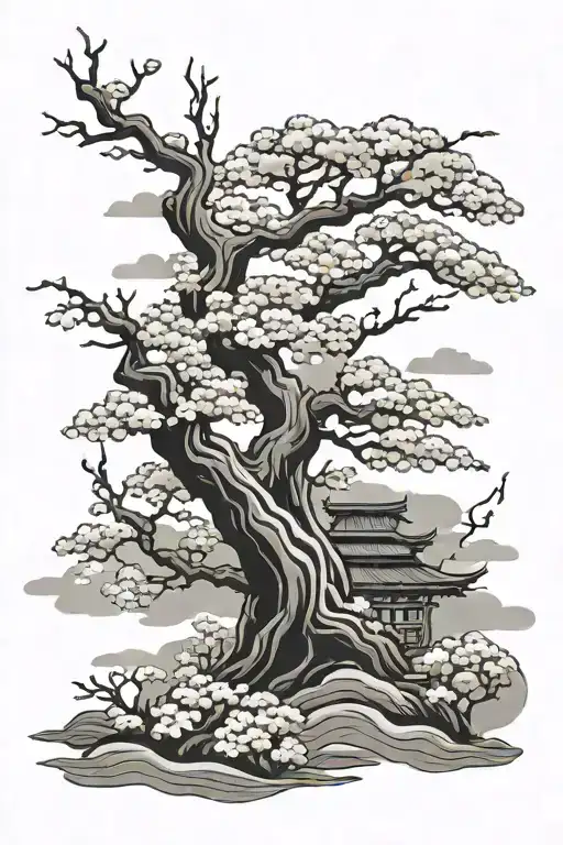 Japanese Traditional Cherry Blossom Tree And Japanese Clouds