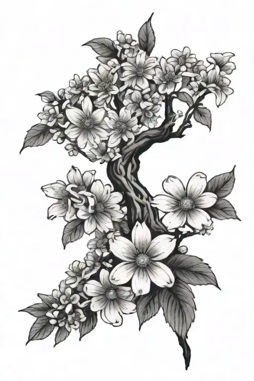 Daisys And Cherry Blossom Tree