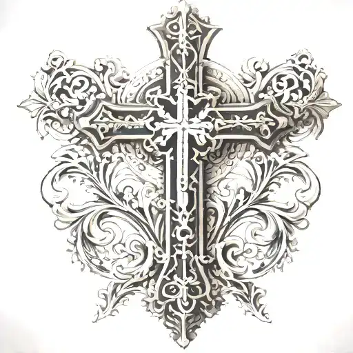A Detailed Black And Grey Tattoo Of A Catholic Cross With Intricate Patterns And Shading