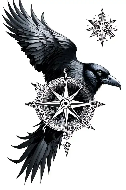 Raven And A Nordic Compass Rose Intertwined