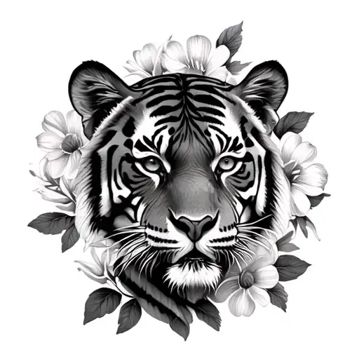 Realistic Tiger With Flowers