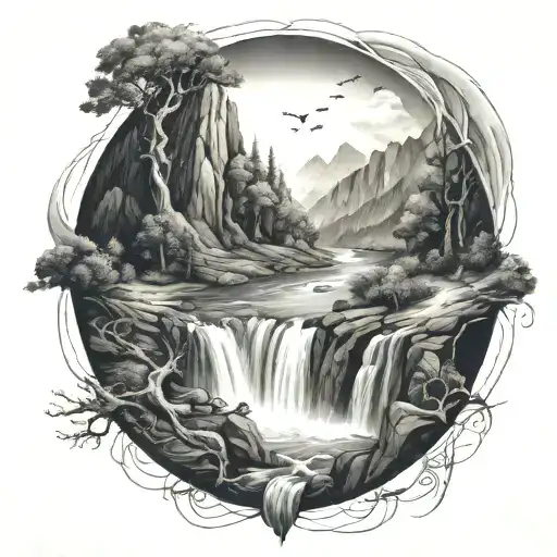 A Winding River Flows Through A Valley And Ends In A Waterfall Through The Bottom