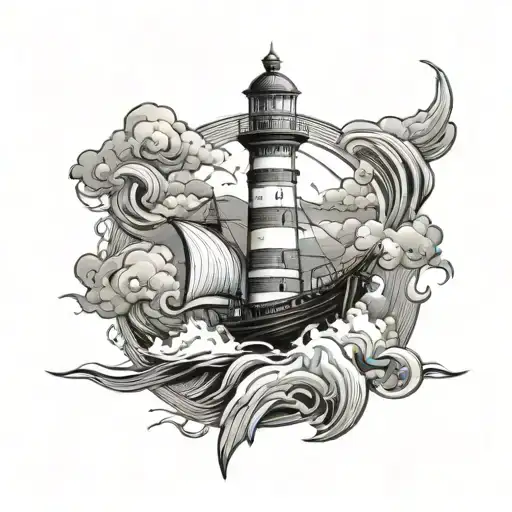 Lighthouse Ship Sailing Through Stormy