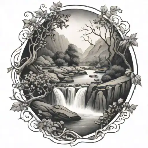 A Winding River Flows Through A Valley Past A Berry Bush And Ends In A Waterfall Through The Bottom