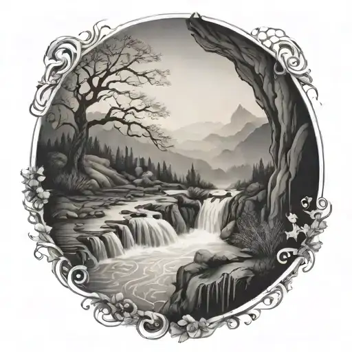 A Winding River Flows Through A Valley And Ends In A Waterfall Through The Bottom