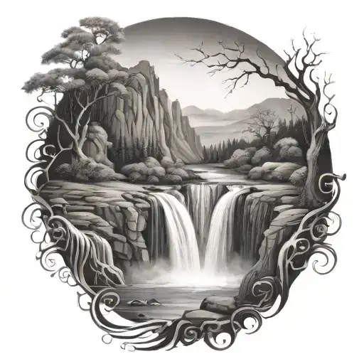 A River Winds Through A Valley And Culminates In A Waterfall Flowing Out The Bottom