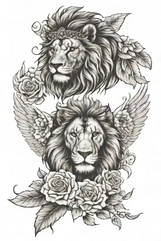 Lion Face With Angel Face With 888 Number With Wings Spread Wide And Flowers