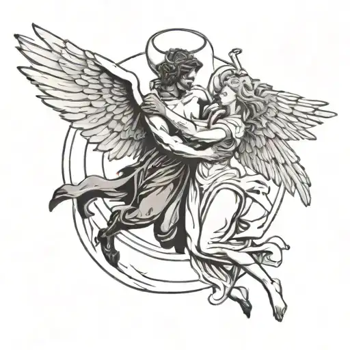 Angel And Devil Flying Toward Each Other With A Small Black Person In The Middle Of Them