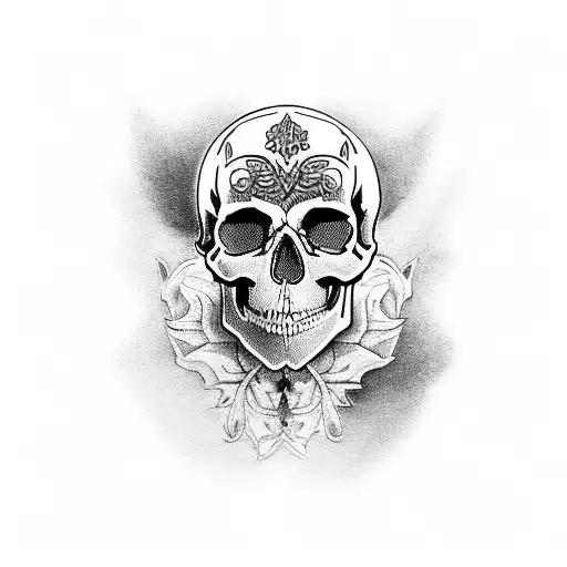 A Black And Grey Tattoo Of A Skull With Intricate Designs Inspired By Drawing