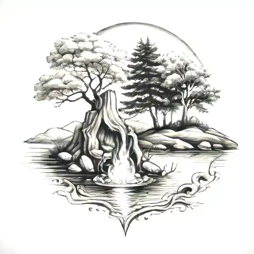 A River Flowing Through Hills Past A Tree With A Campfire On The Side Of The Riverbank