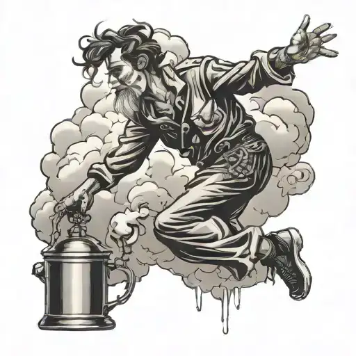 A Myseterious Man Is Standing On A Cloud Next A Water Dispenser