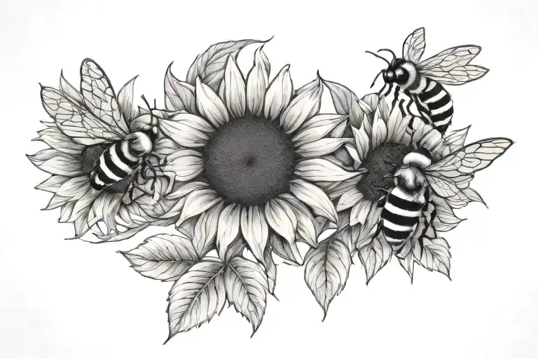 Two Sunflowers With A Honeybee And A Ladybug