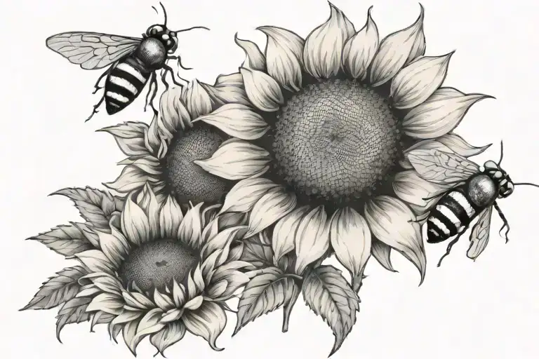 Two Sunflowers With A Honeybee And A Ladybug