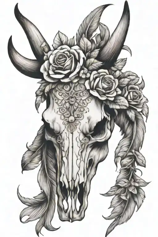 Long Horn Bull Skull With Flowers And Feather Boho Style
