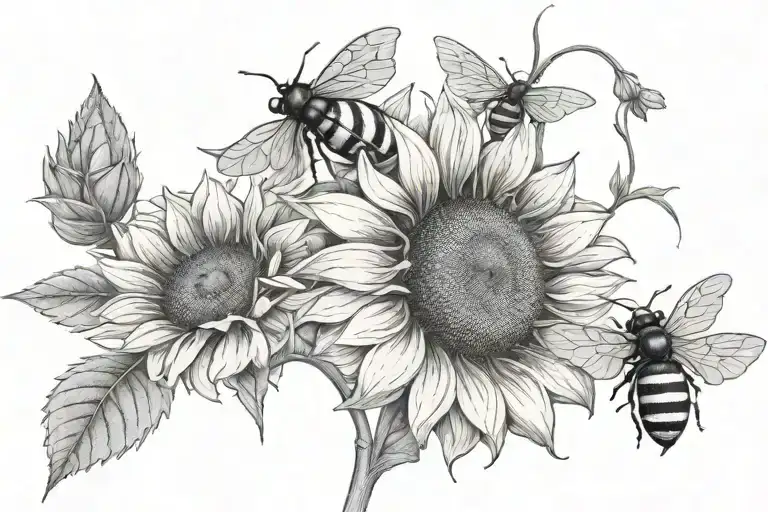 Two Sunflowers With A Ladybug And Honeybee