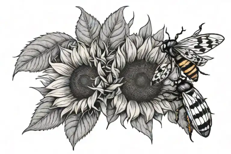 Two Thin Line Sunflowers With A Ladybug And Honeybee