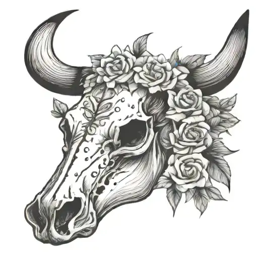 Longhorn Cow Skull With Flowers On The Right Half And One Feather On The Left Horn Boho Style