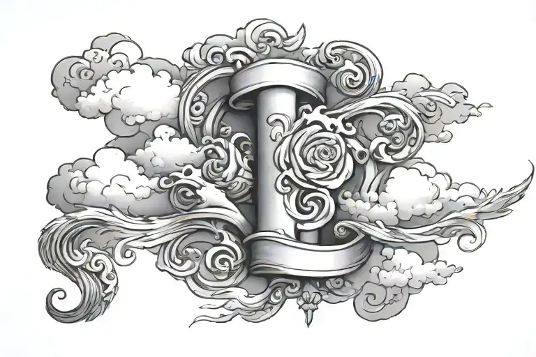 Clouds In The Background And Around A Scroll