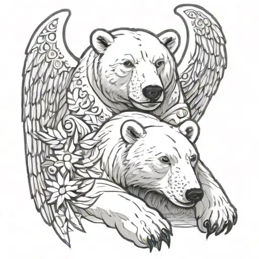 Mother And Baby Polar Bear Holding With Angel Wings And Stars And Snowflakes