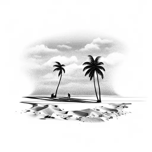 A Black-grey Tattoo Of A Beach Scene With Palm Trees And A Computer Monitor Embedded In The Sand