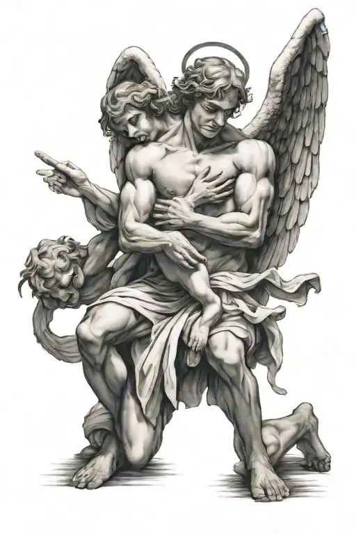 Man Kneeling With Angel With Wings Spread Behind Him