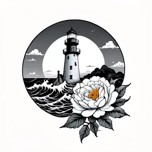 Lighthouse With Waves And Peonies