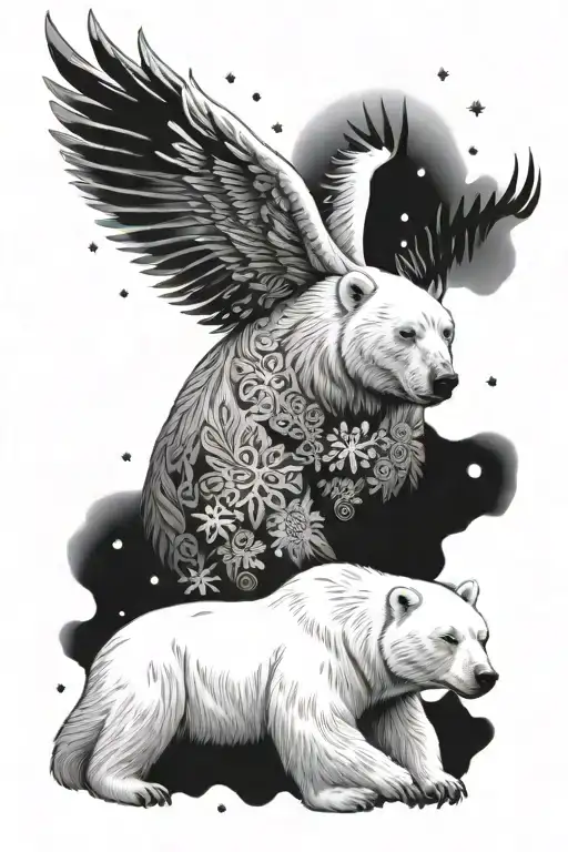 Mother Daughter Polar Bear Surrounded With Snowflakes And Angel Wings