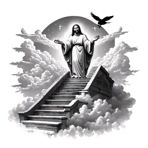 Stairway To Heaven With Clouds And Jesus Holding Hands And Bird On Top