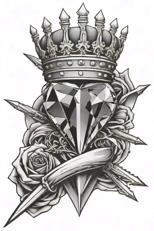 Diamond Heart With Crown And Swords Crossed