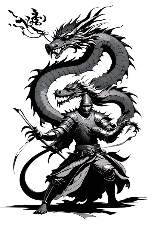 Knight Fighting Samurai With Japenese Dragon And Fantasy Dragon