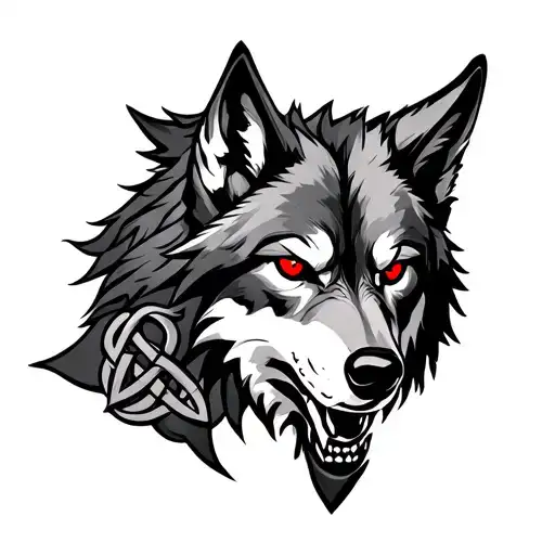 Wolf With Red Eyes On Armor Tattoo Design Featuring Celtic Knot