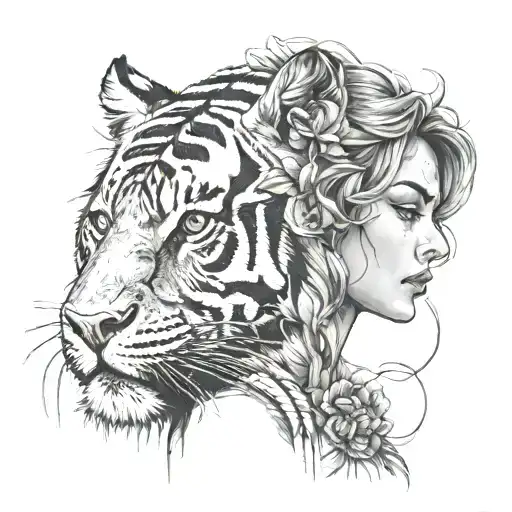 Tiger Head With Woman Posing