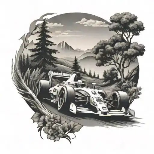 A Formula 1 Car Racing Through A Nature Landscape