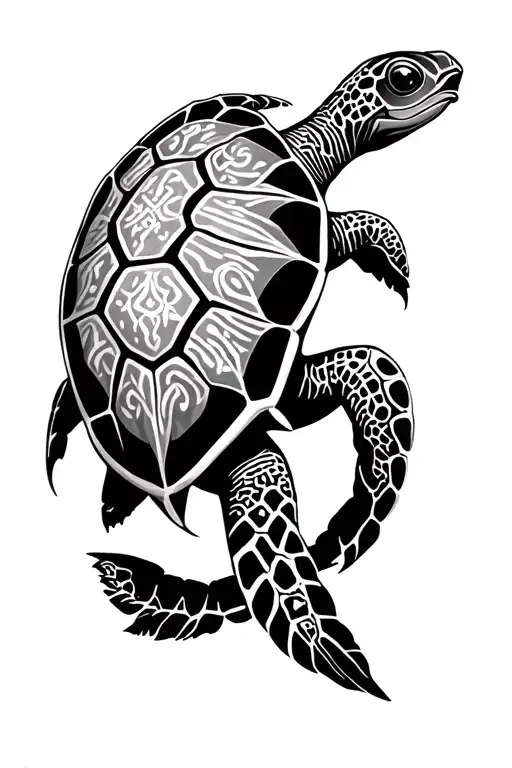 Turtle With Long Designer Lines Surrounding It Incorporating Symbols