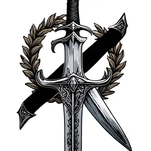 Sword With One Side Viking One Side Stoic Philosophy And A Wreath Around Sword Going Straight Down