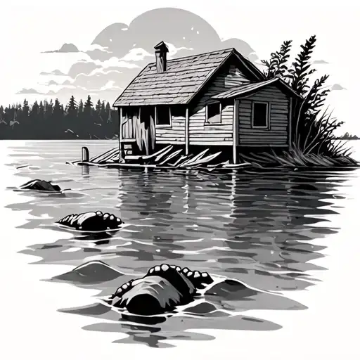 Footsteps On Water And Shack In The Background