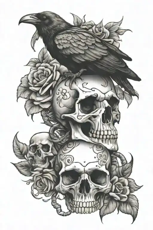 Crow Sitting On Skull With Snake Intertwined With Skull And Flowers