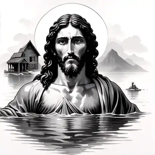 Jesus On Water And Shack In The Background