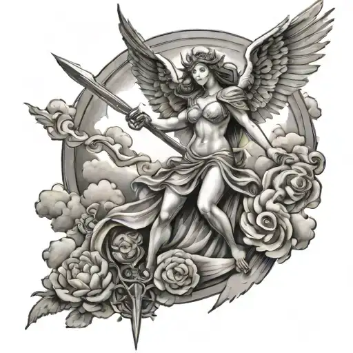 Angel Standing On Top Of Demon Holding A Sword With Rays Above Her Head And Clouds On Her Sides