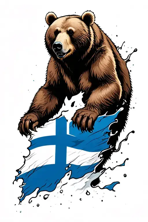 Brown Bear Tearing Through Finnish Flag