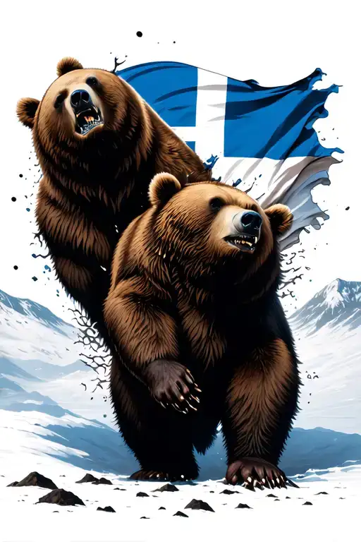 Brown Bear Tearing Through Finnish Flag From Behind