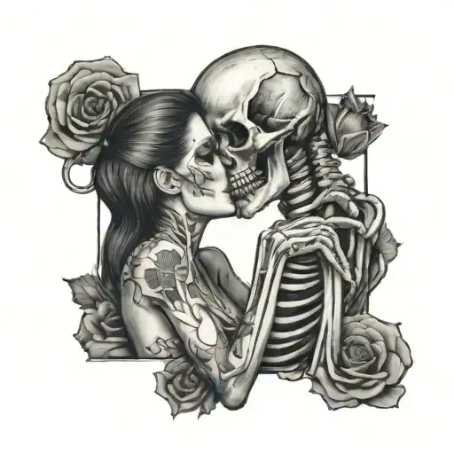 Woman Kissing A Skeleton Showing The Body
