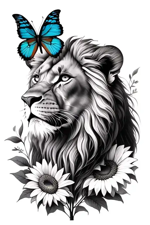 Small Lion And Butterflies And Sunflowers Wrapped